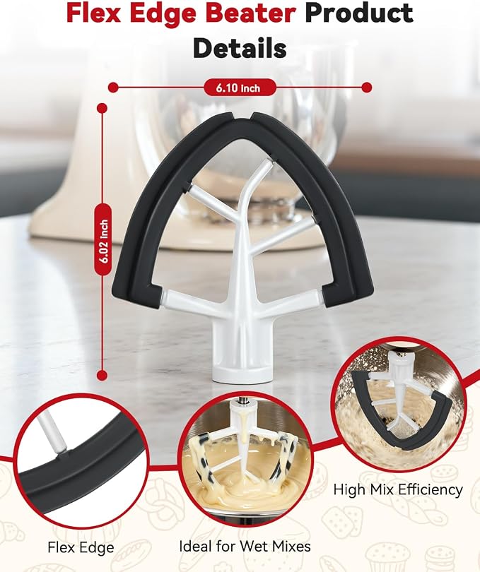 Flex Edge Beater Paddle for KitchenAid 4.5-5QT Tilt-Head Stand Mixer Silicone Bowl Scraper Replacement Part,Dishwasher Safe for Kitchen Aid Accessories And Attachments Mixers Accessory,Black