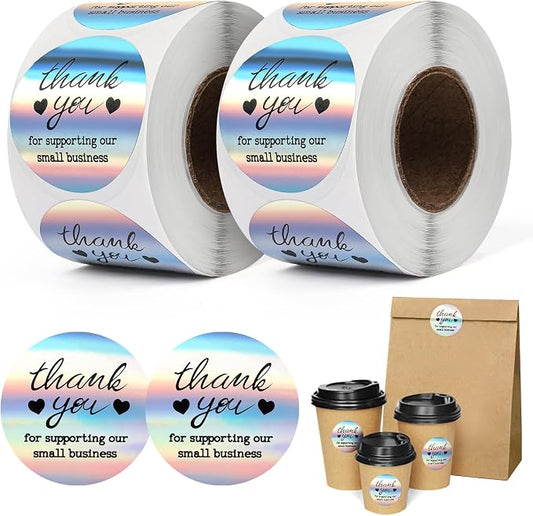 Thank You Stickers Small Business - 1.5 Inch 2 Rolls 1000 Pieces Holographic Thank You for Supporting My Small Business Stickers for Envelopes, Bubble Mailers and Gift Packaging, 500 Pieces Each Roll