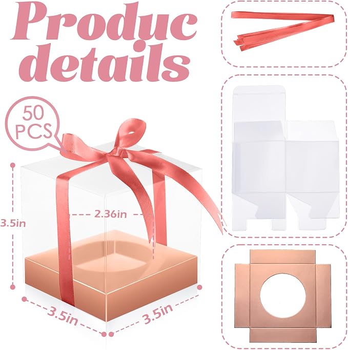 Thenshop 50 Pcs Clear Cupcake Boxes Individual 3.5 Inch Plastic Single Cupcake Containers Boxes with Inserts and Ribbon Individual Cake Storage Holders for Cake Kitchen(Rose Gold)