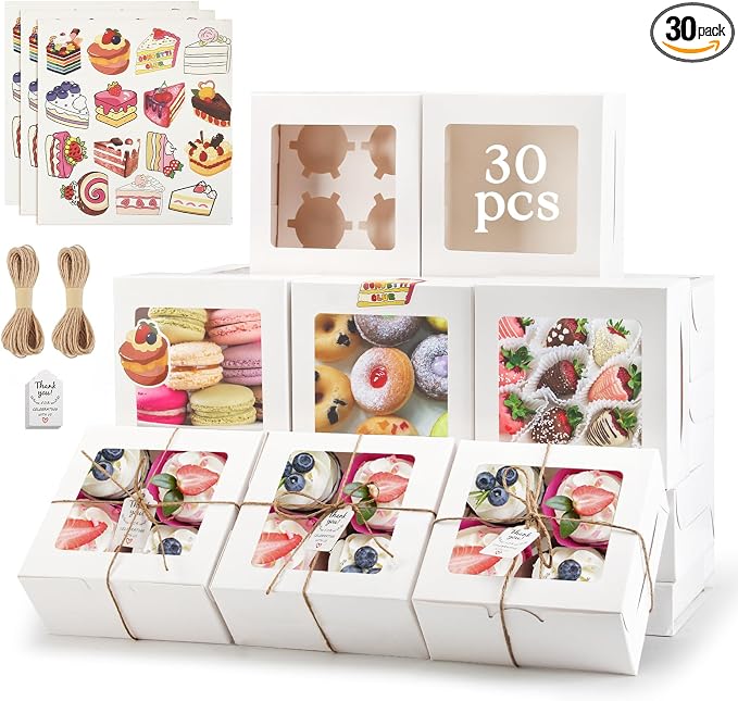 OAMCEG 30 Pack Cupcake Boxes with Window, 6x6x3 Inches Cookie Boxes, Bakery Treat Boxes for Pastry, Desserts, Chocolate Strawberries, Cupcake Containers, Gift Giving with Stickers & Twine （White）