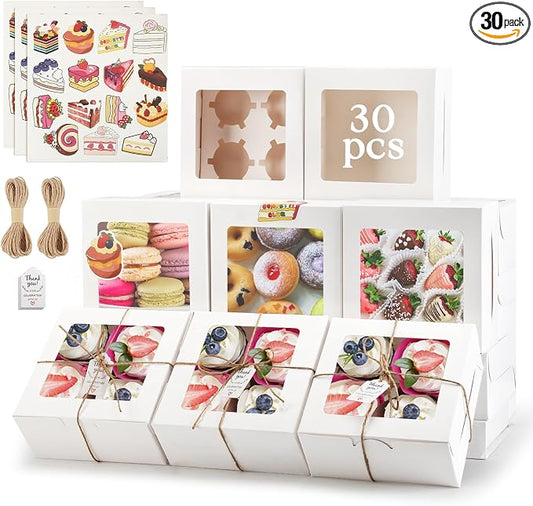 OAMCEG 30 Pack Cupcake Boxes with Window, 6x6x3 Inches Cookie Boxes, Bakery Treat Boxes for Pastry, Desserts, Chocolate Strawberries, Cupcake Containers, Gift Giving with Stickers & Twine （White）