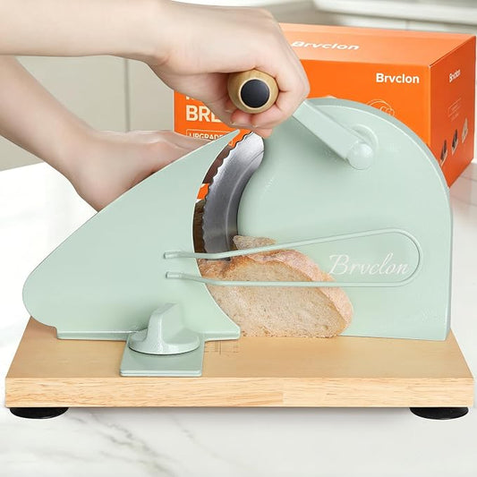 Brvclon Manual Bread Slicer Adjustable Thickness, Hand Crank Bread Slicer for Homemade Sourdough Bread with Scale Line & Suction Cup & Metal Guide,Quality Solid Wood Base & Gift-Level Packaging