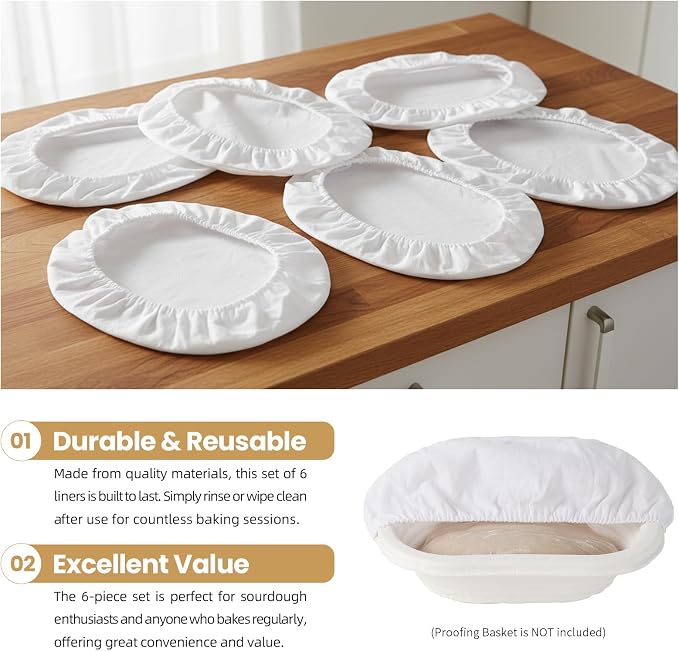 6-Pack Elastic Bread Proofing Basket Covers - Linen Cotton Liners for 10-Inch Oval Sourdough Bannetons, Non-Stick, Breathable Fermentation Cloth for Sourdough & Artisan Baking