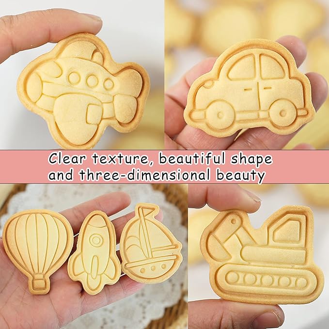 8 Pcs Transportation Vehicle Cookie Cutters Set 3D Truck Airplane Shaped Cartoon Biscuit Cutters With Plunger Stamps for DIY Baking Crackers Fondant Decorations Cake Decorations Desserts