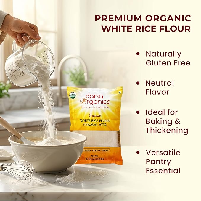 Darsa Organics White Rice Flour - Premium Organic, USDA Certified, Non-GMO, Gluten-Free Rice Flour Powder for Baking & Cooking, Chemical-Free, Long Shelf Life, Food Grade Pouch - 2 lb (908g)
