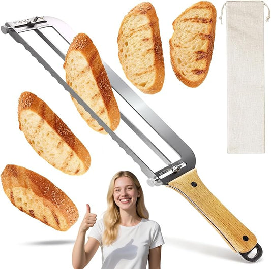 Adjustable Bread Slicer for Perfect Slices - Bread Knife for Homemade Bread with Thickness Guide - Premium Sharp Stainless Serrated Blade for Sourdough Baguettes Bagels Loaves - Gift for Artisan Baker