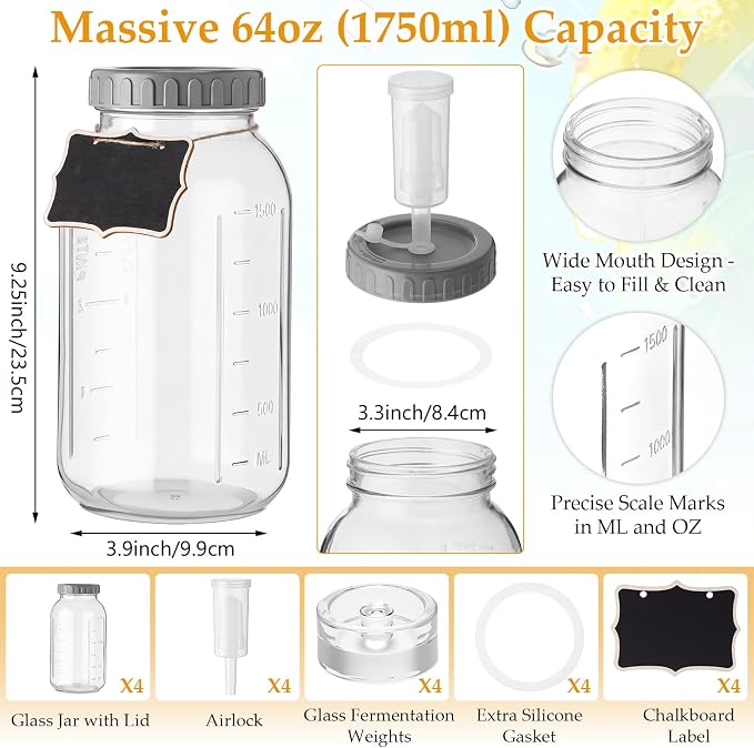 Mifoci 4 Pack Fermentation Jar Kit 64 oz Mason Glass Fermenting Jars with Fermenting Lids Airlock Lids Glass Weights Airlocks Silicone Rings for Easy Making and Storing Pickles Sauerkraut Kimchi