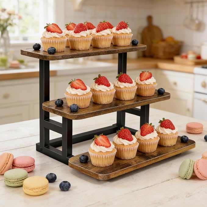 Lilybud--lily 3 Tier Cupcake Stand, Wooden Risers Display Stands Stepped Dessert Table Display Set with Metal Frame Tiered Tray Stand Serving Trays for Party Farmers Market Display 2 Pack