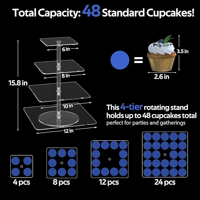 4-Tier Rotating Cupcake Stand, Clear Acrylic 360° Spinning Dessert Display Tower for Cakes & Pastries, Serving Stand for Weddings, Birthdays, Parties - Square