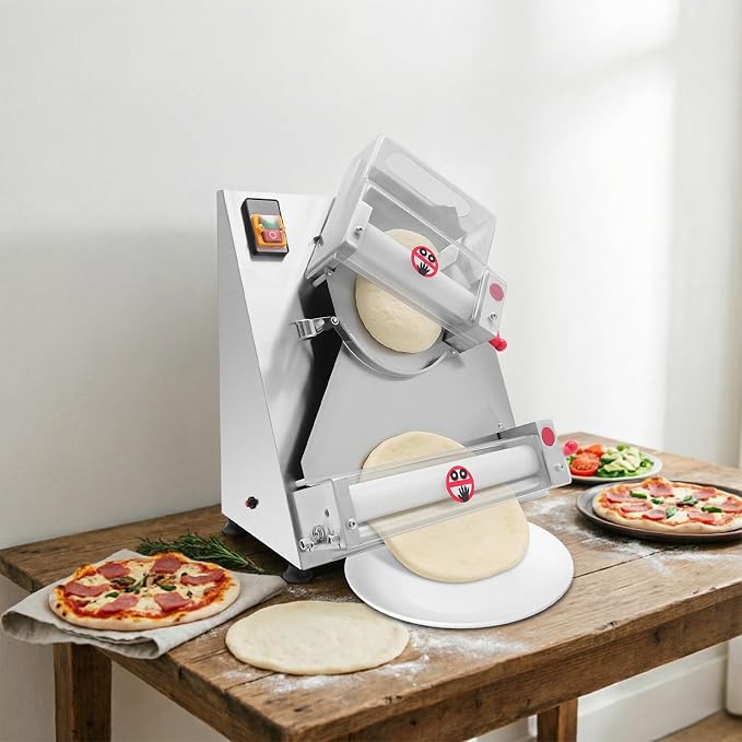 370W Pizza Dough Roller Sheeter, Dual Roller Dough Press Machine for 4-12 Inch Pizza, Adjustable Thickness 0.7-5.4mm, Automatic Pizza Maker for Commercial & Home Use, Silver