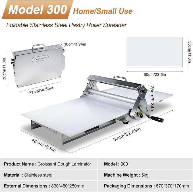 Folding Dough Sheeter Machine, Manual Dough Sheeter Machine, Stainless Steel Dough Laminator, 55 Adjustable Thickness for Home Bakery and Commercial Kitchen, Ideal for Pizza, Pasta, Croissants 30×60cm