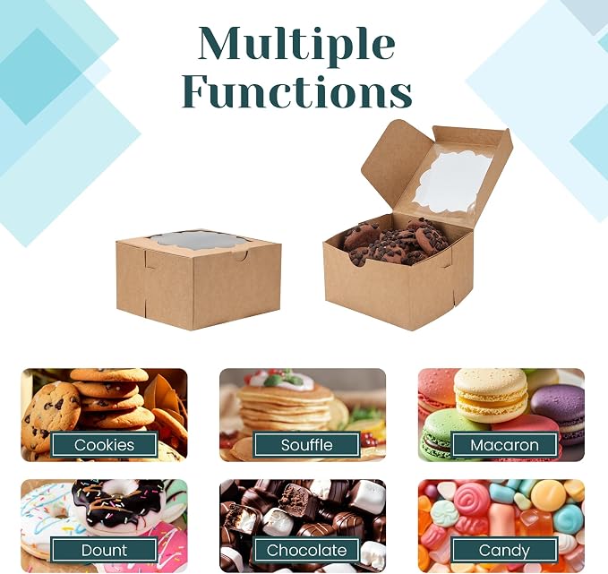 NPLUX 50pcs Cookie Boxes with Window Bakery Boxes Small Treat Boxes Mini Pie Boxes Pastry Boxes 4x4x2.5in, Graduation Gifts Party Favors(Brown)