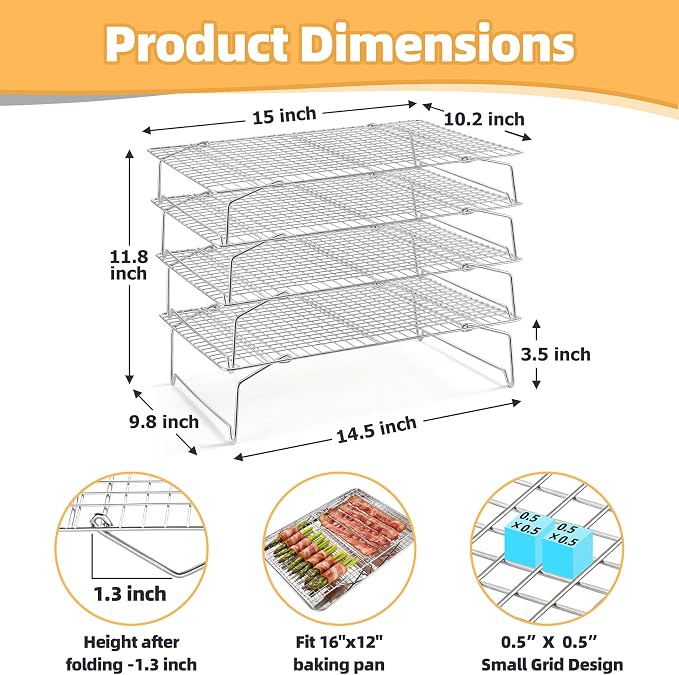 P&P CHEF 4 Tier Cooling & Baking Racks, Stainless Steel Stackable Grid Cooking Rack for Cooling Roasting Grilling, Collapsible & Heavy Duty, Oven & Dishwasher Safe, 15" x 10"