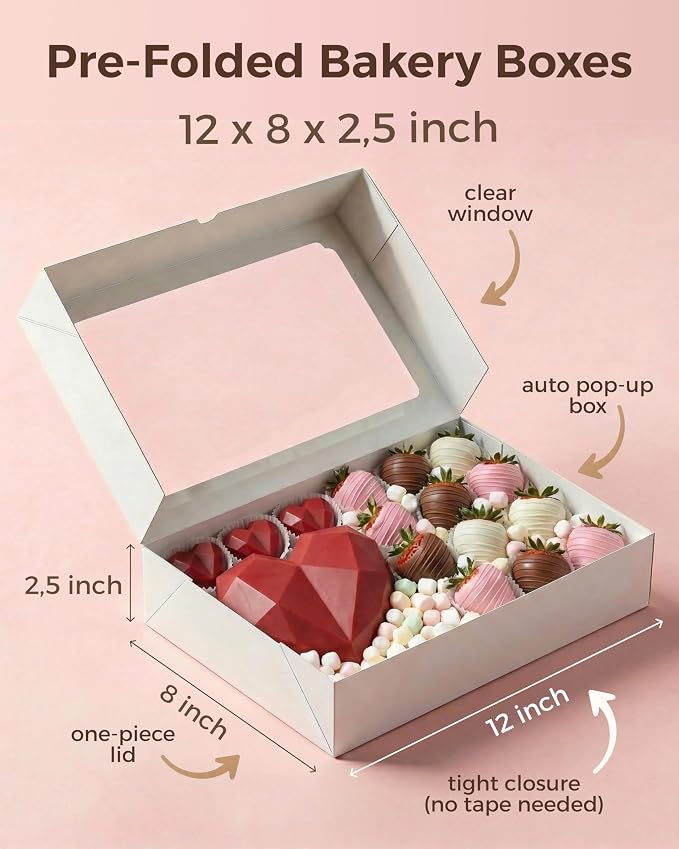 20pcs Cookie Boxes with Window 12x8x2.5 inch, Large Bakery Boxes, Auto-Popup Treat Box for Desserts, Chocolate Covered Strawberries, Breakable Heart, Pastries, Cajas Para Postres with 80 Stickers