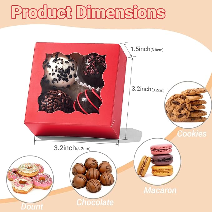 3.2x3.2x1.5 Inches 100PCS Chocolate Truffle Boxes Mini Bakery Boxes with Window for Cookies,Soap,Donut, Macaron,Brownie(Red)
