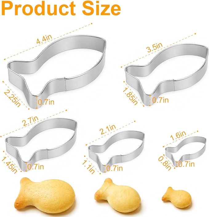 AIERSA Fish Cookie Cutters Set of 5, Food Grade Stainless Steel Fish Shaped Cookie Cutter with Storage Box, Dishwasher Safe Sandwich Cutters & Biscuit Molds for Kids