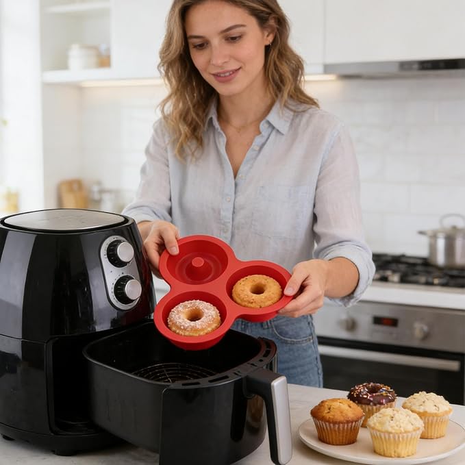 Donut Pan - Heat Resistant Silicone Tray, 12-Cavity Reusable Donut Molds for Air Fryer with Non-Stick for Cake, Cookie, Snack Cooking, Breakfast Prep, Kitchen, Party, Holiday, Birthday, Bakers