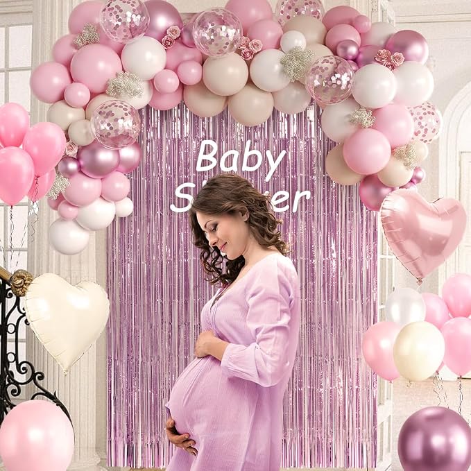 157Pcs Pink and White Balloons Garland Arch Kit with Metallic Pink Fringe Curtain for Woman Girl Princess Birthday Bridal Baby Shower Engagement Wedding Valentine's Day Party Decorations