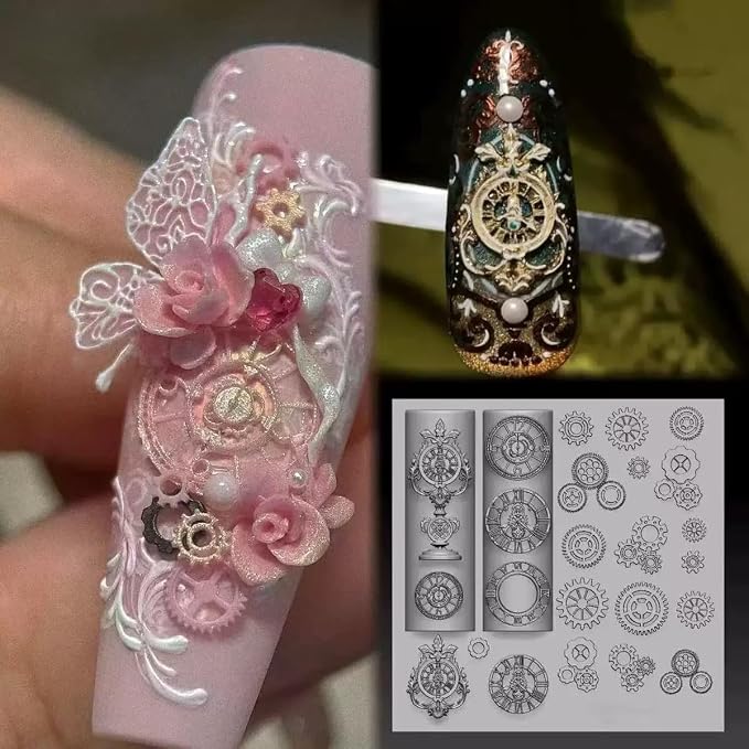 4Pcs Nail Art Silicone Molds 3D Charms Steampunk Gear Cutlery Cute Shapes for UV Gel Acrylic DIY Crafting Jewelry Making