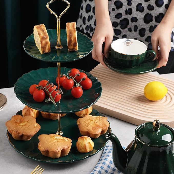 Sweejar 3 Tier Ceramic Cake Stand Wedding, Dessert Cupcake Stand for Tea Party Serving Platter (Jade)