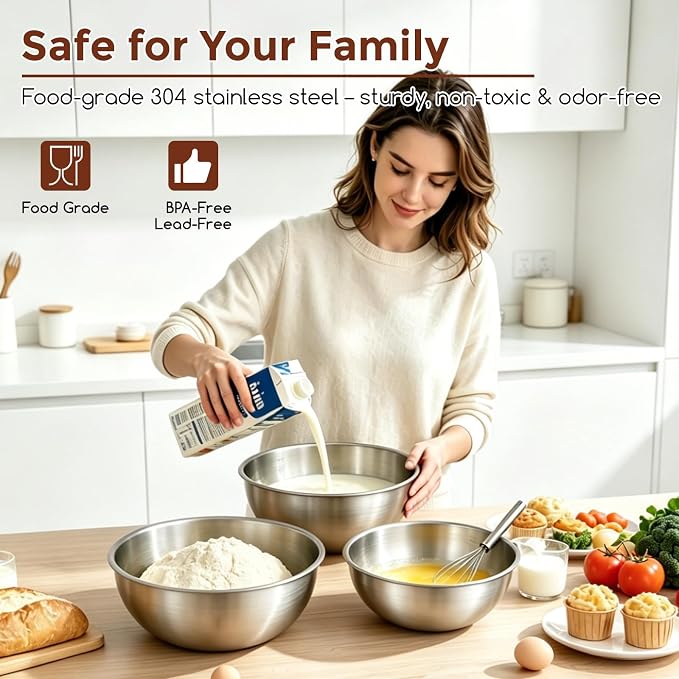 Gronivex 304 Stainless Steel Mixing Bowls, 3-Piece (1.5, 2.2 & 3.4 Qt) | Thicker-Gauge, Food-Grade Metal, Stackable Nesting & Space-Saving – For Kitchen Baking, Salads, Meal Prep, RV & Camping