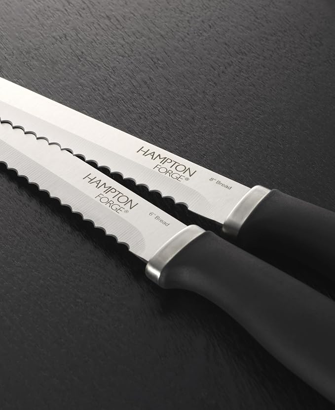 Hampton Forge Silverware Set, Epicure Bread Knives 2 Piece, Stainless Steel Material, Hand Wash, Kitchen Utensils, Cutlery Set, Kitchen Knives, Blade Guards, Slip Resistant (Black/Silver, 2 Pieces)