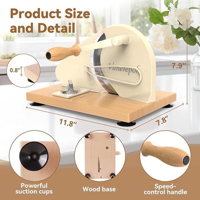 vanerepok Upgrade Manual Bread Slicer for Homemade Sourdough Bread, Classic Hand Crank Home Bread Slicer With Scale Line and Steel Fence, Sharp Blade, Adjustable Width for Homemade & Commercial Use