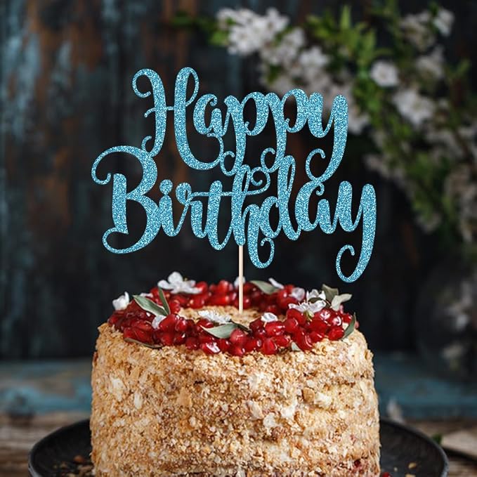Happy Birthday Cake Topper- Glitter Happy Birthday Cake Decor, Handmade Anniversary/Birthday Party Supplies (Light blue)