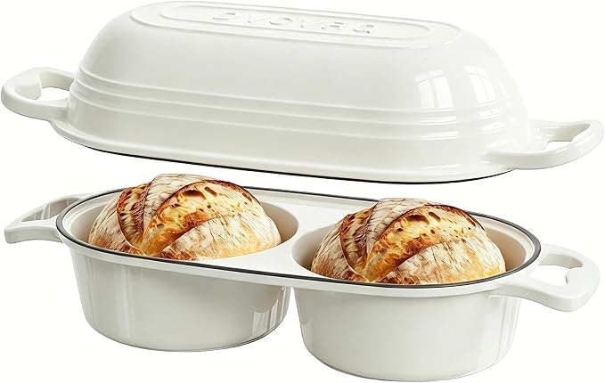 Dutch Oven For Sourdough Bread Baking – Enameled Cast Iron Dutch Oven Pot with Lid, Double Bread Loaf Pan – 500°F Oven Safe Non Stick Bread Pot for Homemade Bread, Meatloaf, Cake–Round Loaf Space, Even Heating– Cream White