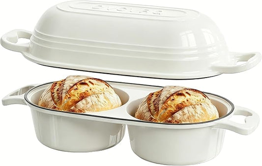 Dutch Oven For Sourdough Bread Baking – Enameled Cast Iron Dutch Oven Pot with Lid, Double Bread Loaf Pan – 500°F Oven Safe Non Stick Bread Pot for Homemade Bread, Meatloaf, Cake–Round Loaf Space, Even Heating– Cream White