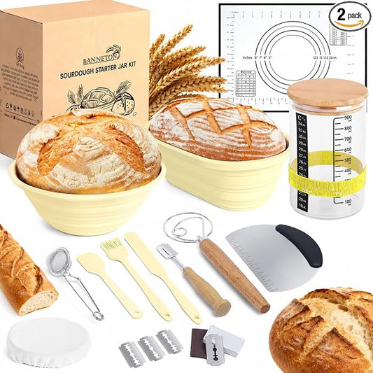 Sourdough Starter Kit,9" Round & 10" Oval Silicone Banneton Bread Proofing Basket Set with Reinforced Support,Sourdough Bread Baking Supplies Kit,34oz Sourdough Starter Jar,Baking Mat(Yellow)