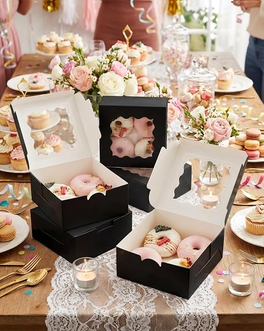 Bakepacker 240pcs Black Cookie Boxes 6x6x3 inches Easy Assemble Macaroon Pastry Boxes Bakery Boxes with Window for Bakery
