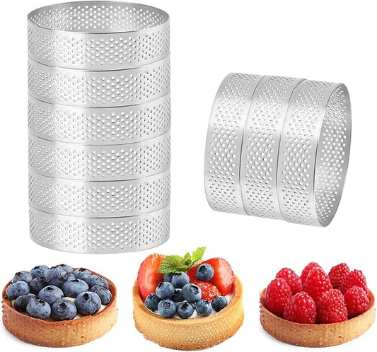 Frcctre 9 Pack 3.15 Inch Perforated Tart Rings, 304 Stainless Steel Nonstick Round Tart Rings Mousse Cake Ring Metal Crumpet Ring Pastry Mold Circle Tartlet