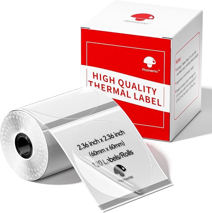 Phomemo Thermal Labels- 2.36"x2.36"(60x60mm) Clear Circle M220 Label- M220/M221/M250/M260 Transparent Thermal Paper - Round Sticker Label for Logo/Barcode/Stickers/Address Labels-1 Pack