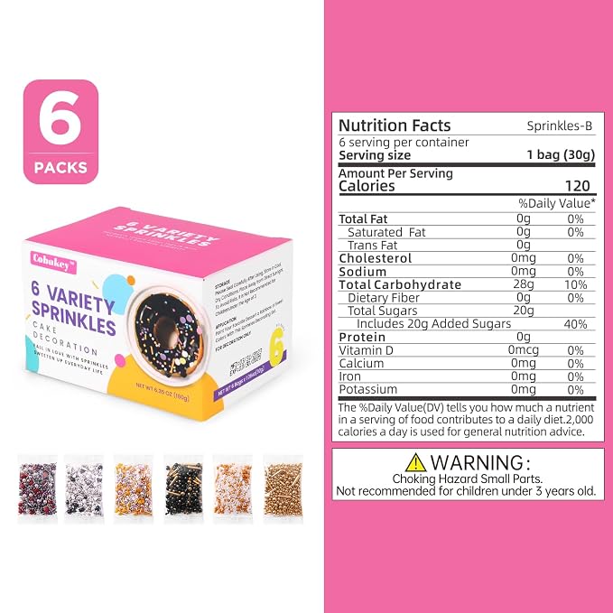 Sprinkles for Cake Decorating, Cupcake, Cookies, Ice Cream Topper, 6 Packs Gold Pearls, Silver Luxury of assorted Sprinkles for Cake Baking, Perfect For Birthdays, Wedding