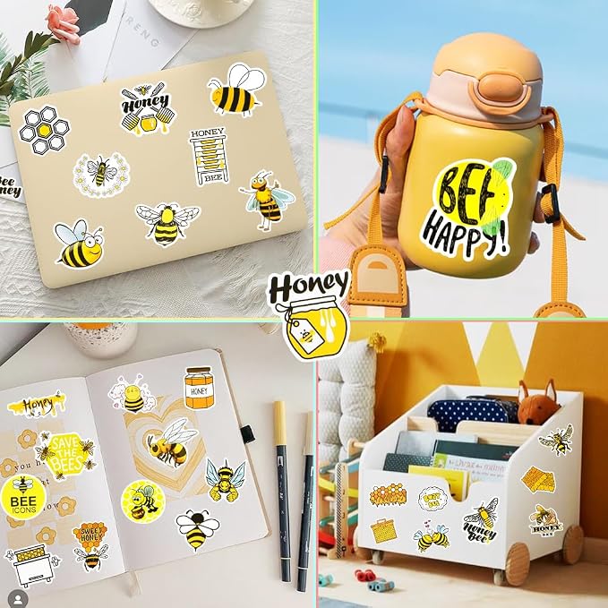 50 Pcs Bee Stickers for Water Bottles, Waterproof Vinyl Cute Honey Bee Stickers for Scrapbook Laptops, Decorative Decals for Kids Girls Boys
