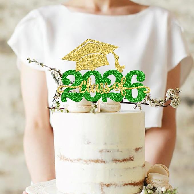 1 Pack Class of 2026 Cake Topper Glitter Congrats Grad Cap 2026 Graduation Cake Pick for 2026 Graduation Theme High School Boys Girls Graduate Party Cake Decorations Supplies Gold Green