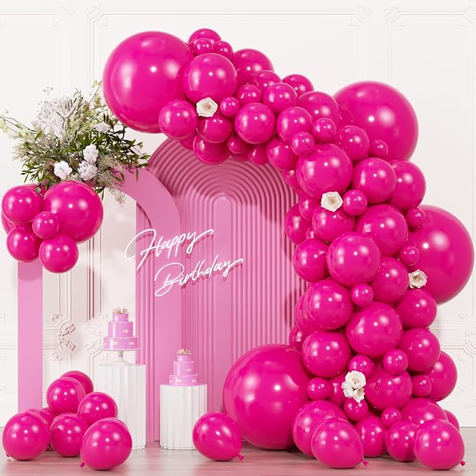 104pcs Hot Pink Balloons Assorted Sizes (18/12/10/5 Inch) - Dark Pink & Magenta Latex Balloons for Bachelorette Party, Princess Birthday, Bridal Shower & Wedding Decorations