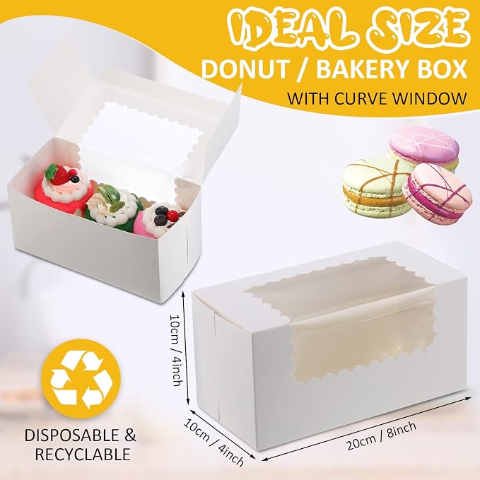 Ireer 60 pcs 8x4x4 Inch Bakery Boxes with Window Cookies Boxes Pumpkin Roll Container Donut Box Pastry Cake Packaging Safe for Cookies Loaf Muffins Breads Dessert Candies Treat (White)