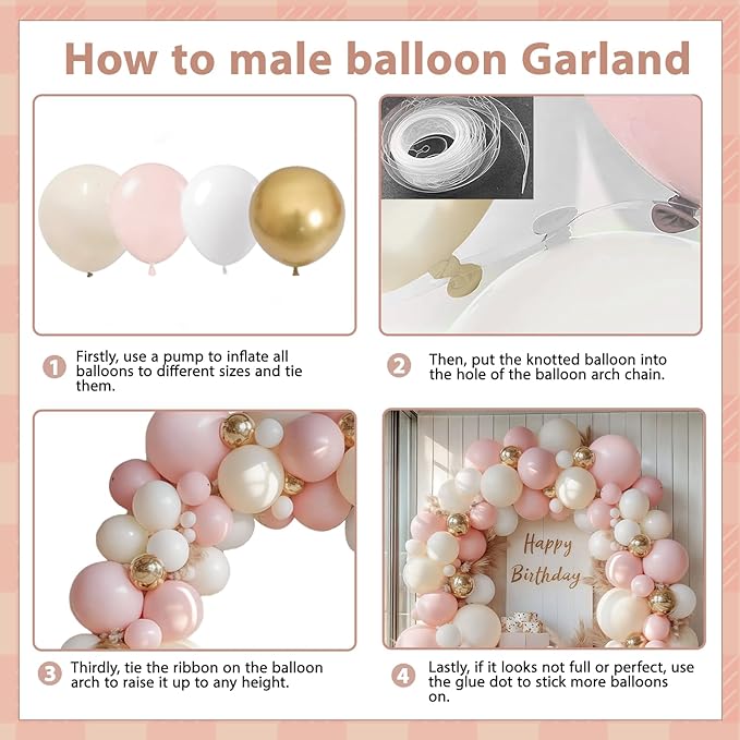 Pink Beige White Balloons Arch Kit - 144 pcs Light Pastel Pink Beige Sand White Chrome Gold Bobo Balloons for Engagement Wedding Bridal Shower Birthday Princess Party Decorations