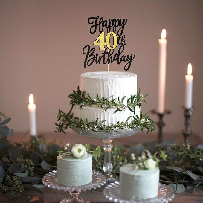 1 PCS Happy 40th Birthday Cake Topper Black Gold Glitter Cheers to 40 Years Birthday Cake Pick 40 Fabulous Cake Decoration for Happy 40th Birthday Anniversary Party Cake Decorations Supplies