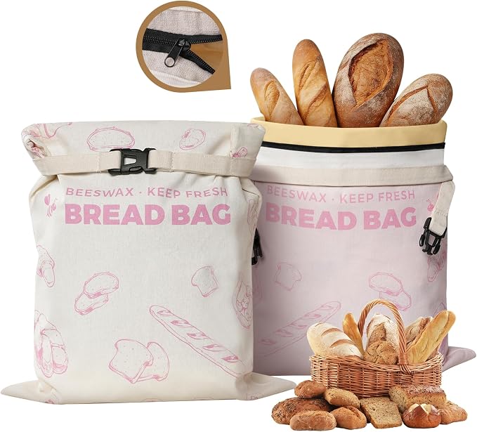 YARRAMATE Reusable Beeswax Bread Bags for Homemade Bread & Sourdough, 2 Pack XL 17x13in Cotton Bread Storage Bags with Zipper for Loaf, Baguette, Bagels and Sandwich Bread, Freezer Safe, Pink