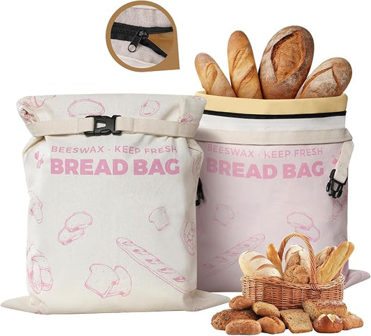 YARRAMATE Reusable Beeswax Bread Bags for Homemade Bread & Sourdough, 2 Pack XL 17x13in Cotton Bread Storage Bags with Zipper for Loaf, Baguette, Bagels and Sandwich Bread, Freezer Safe, Pink