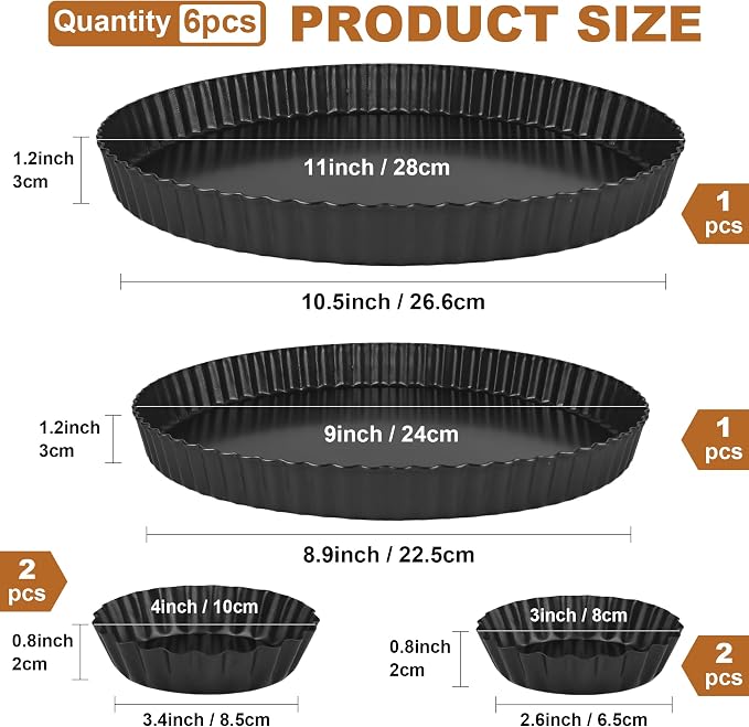 6 Pcs Tart Pan with Removable Bottom, Nonstick Pie Pan 11/9/4/3In, Fluted Quiche Pan Carbon Steel for Baking Pie Cheesecake Pizzas
