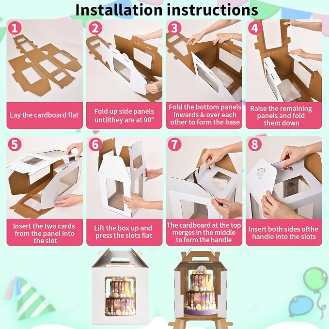 3 Pack 14x14x14 Inch Tall Cake Boxes for Tier Cakes, 12in 14in Large Tiered Cake Box,Disposable Layer Tall Baking Carrier with Window for Wedding, Birthday