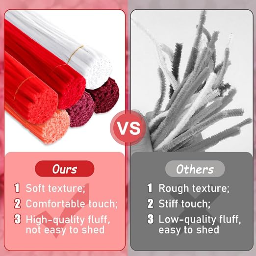 600pcs Red Pipe Cleaners Bulk and 300pcs Pompoms - Fluffy Fuzzy Wire, Pastel Pom Poms Chenille Stems for Arts & Crafts, Ideal for Making Flowers Animal Thanksgiving Christmas Party Supplies