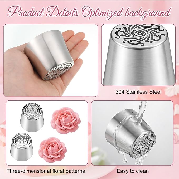 4 PCS Russian Piping Tips Set, Stainless Steel Extra Large Russian Piping Tip 3D Flower Tips for Cake Decorating, Flower Shaped Frosting Nozzle Kit for Wedding Birthday Cakes Cupcakes Cookies Baker