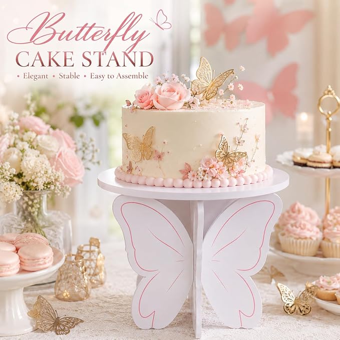 Pink White Butterfly Cake Stand, 3D PVC Dessert Display Stand for Birthday Party, Baby Shower, Wedding and Dessert Table Decor, Cake Holder for Cupcakes, Cakes and Sweets