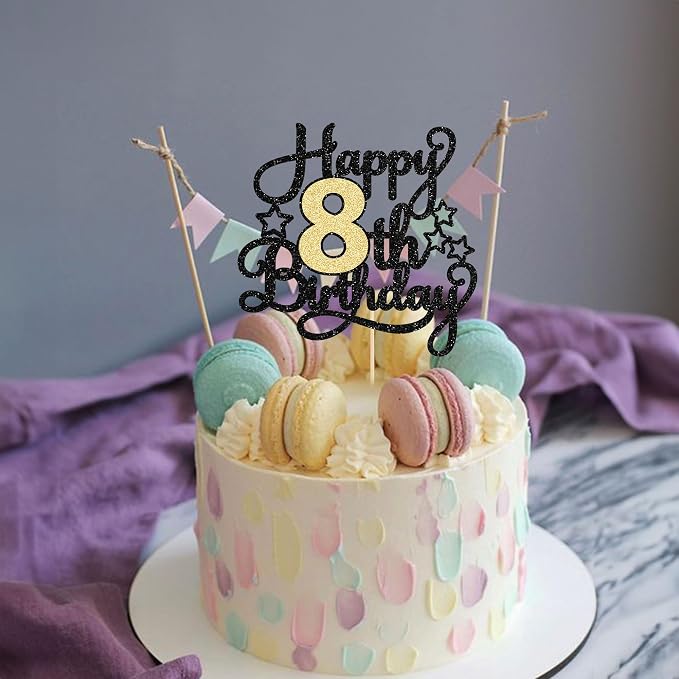 1Pc 8th Happy Birthday Cake Topper Glitter Cheers to 8 Years Cake Pick Decoration for 8th Birthday Party Supplies Black Gold