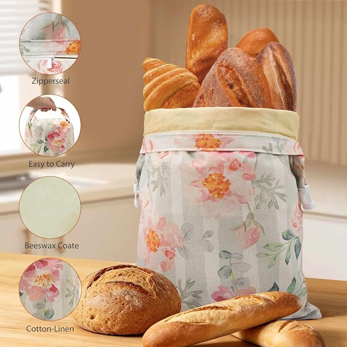 Beeswax Bread Bag, Sourdough Bread Bags for Homemade Bread, 17 * 13in Bees wax Wraps Reusable With Freshness Lock Zipper, Keep Bread Fresh for Longer (Vernal Bloom-1 Pack)